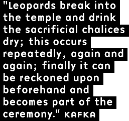 Leopards break into the temple and drink the sacrificial chalices dry; this occurs repeatedly, again and again; finally it can be reckoned upon beforehand and becomes part of the ceremony. Kafka